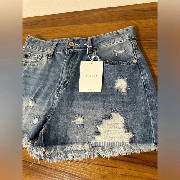 Kancan Women’s Renee High Rise Medium Wash Denim Distressed Boho Shorts Size 7 - Picture 4 of 15